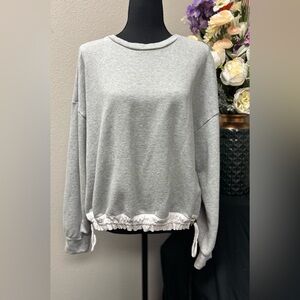 Ann Taylor Gray Cotton Sweatshirt w White Ruffle Trim & waist Tie Top Size L